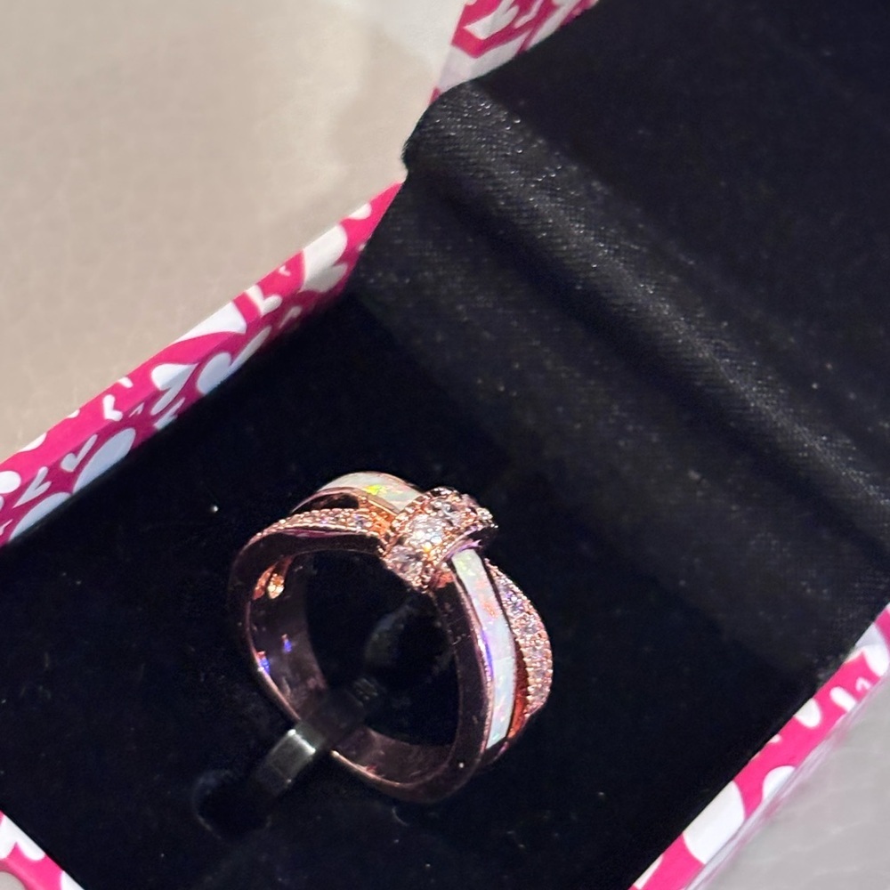 Rose Gold Criss Cross White Opal Ring Pavé Accents Size 6